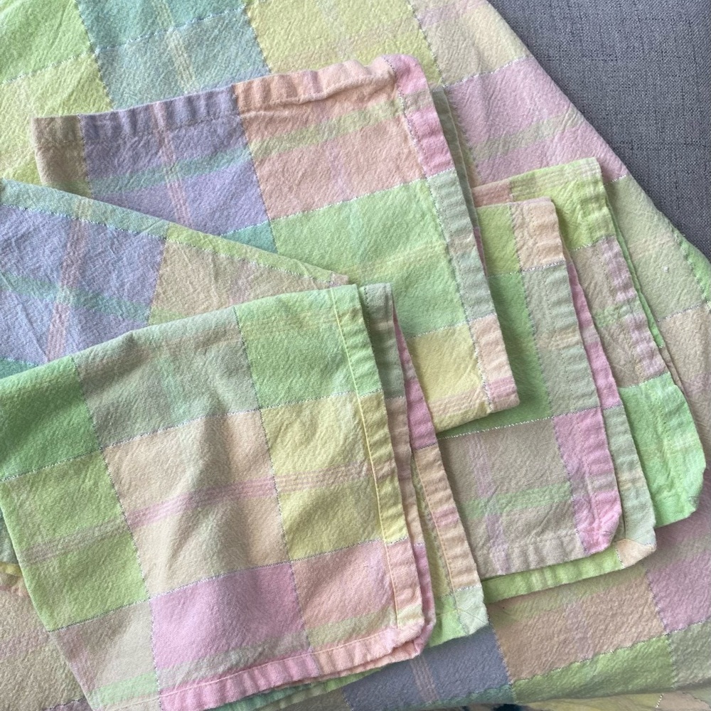 Vintage Round Pastel Plaid Tablecloth With 4 Napkins - Picture 2 of 4